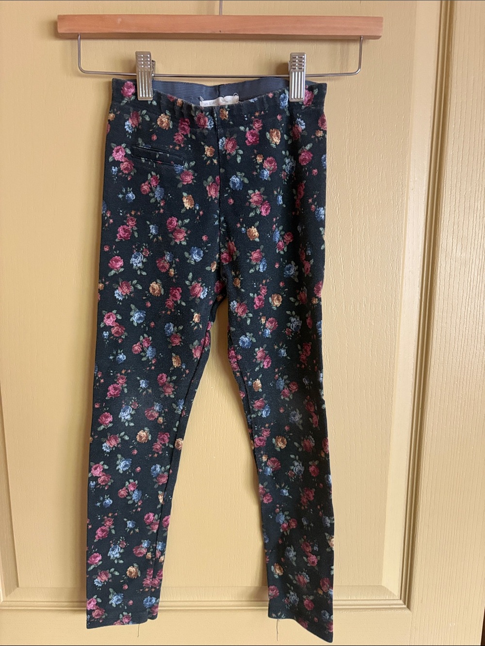 Zara Black Floral Ponte Leggings with Pink and Blue Roses